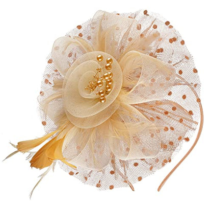 Kentucky Derby Fascinators for Women High Tea Party Hat Wedding Cocktail Flower Headware with Mesh and Feathers - color: Gold&beige
