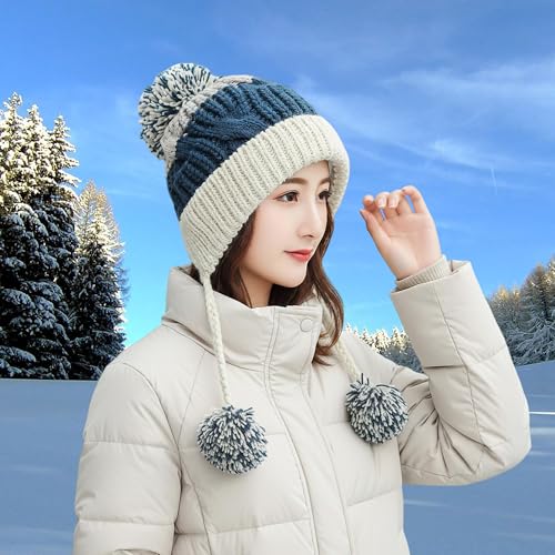 HUAMULAN Women Winter Sherpa Knit Beanie Hat Fleece Lined Ear Flaps - color: Lakeblue Beige