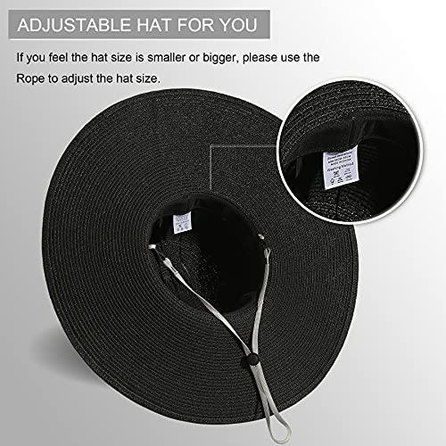 Lanzom Womens Wide Brim Straw Hat Big Floppy Foldable Roll up Cap Beach Sun Hat UPF 50+ - color: Twine-black