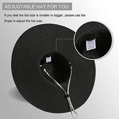 Lanzom Womens Wide Brim Straw Hat Big Floppy Foldable Roll up Cap Beach Sun Hat UPF 50+ - color: Twine-black