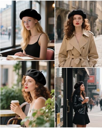 French Beret Hats for Women - Wool Solid Color Beanie Cap - color: Black