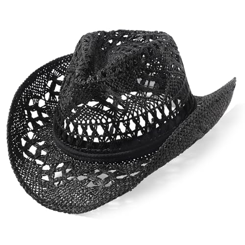 AQOKKA Straw Cowboy Hats for Women Men Western Cowgirl Hats with Shapeable Brim Woven Hollow Out Unisex Beach Roll Up Caps - color: Black