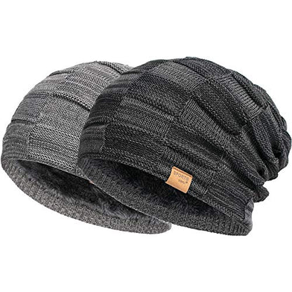 Vgogfly Slouchy Beanie for Men Winter Hats for Guys Cool Beanies Mens Lined Knit Warm Thick Skully Stocking Binie Hat Pairs - color: Black / Dark Grey