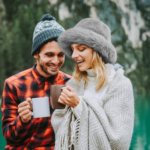 Peicees Winter Bucket Hat for Women Fur Russian Ushanka Ladies Fluffy Snow Hat Fuzzy Fisherman Cap Warm Cute - color: Grey