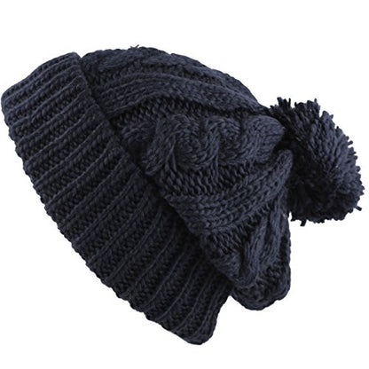 Women and Men Beanie Daily Winter Oversized Thick Stretchy Knitted Pom Pom Beanie Fleece Lined Beanie Hat - color: 1. Curly Navy