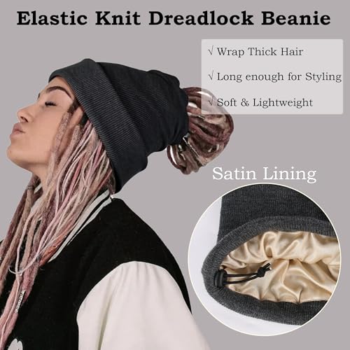 Ababalaya Unisex Satin Lined Knit Open Beanies Rasta Beanie - color: Dark Grey