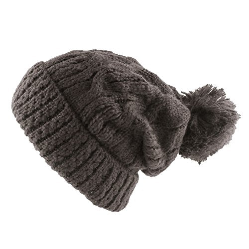 Morehats Thick Crochet Knit Pom Pom Beanie Winter Ski Hat - color: Charcoal