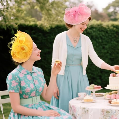 DRESHOW Fascinators Hat Flower Mesh Feathers Hat with a Headband and a Clip 7.9" Tea Party Headwear for Women - color: Folded Style 2: Pastel Pink / 7.9"