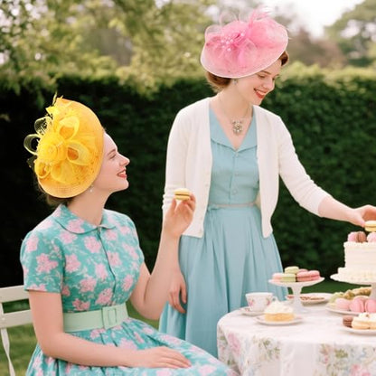 DRESHOW Fascinators Hat Flower Mesh Feathers Hat with a Headband and a Clip 7.9" Tea Party Headwear for Women - color: Folded Style 2: Pastel Pink / 7.9"