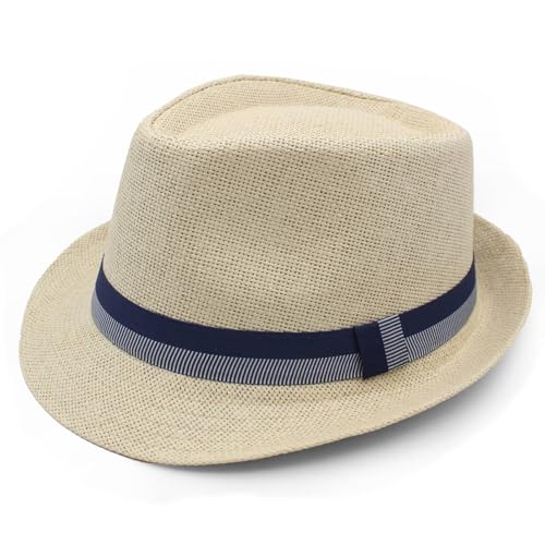 LIDHAY Short Brim Panama Hat Straw Fedora Hats for Men Women Summer Derby Trilby Hats Beach Sun Hat - color: Beige