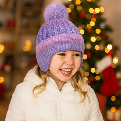 Toddler Earflap Beanie Hat with Rainbow Pom for Little Girls Knitted Beanies Kids Winter Skiing Caps Age 3-8 - color: Multicolor 02