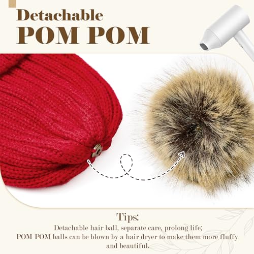 Satin Lined Beanie for Women with Detachable Pom Pom, Winter Cuffed Hat - color: Wine Red