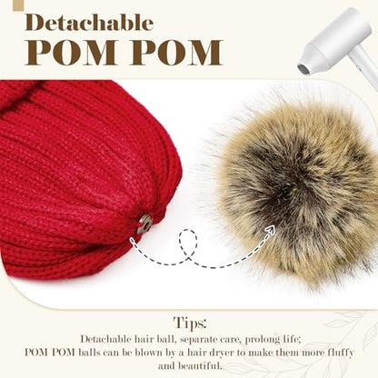 Satin Lined Beanie for Women with Detachable Pom Pom, Winter Cuffed Hat - color: Wine Red