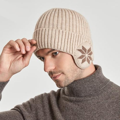Knit Beanie Hat with Earflaps – Winter Warm Thick Fleece Lined Ski Skull Cap for Men Women - color: Beige