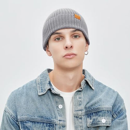 100% Merino Wool Fisherman Beanie Hat, Unisex Warm Winter Hats, Soft Breathable Knitted Short Cuffed Cap - color: Light Grey