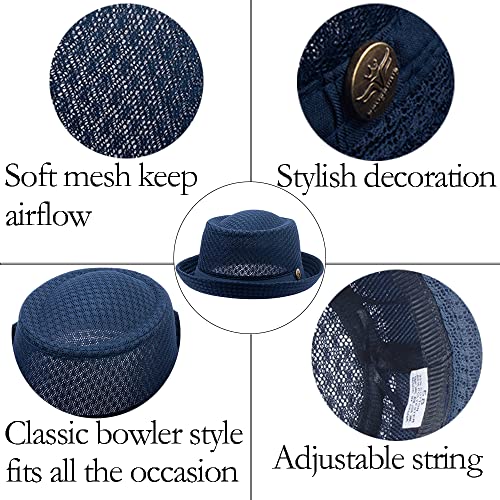 Straw Mesh Pork Pie Hat,Men Summer Fedora,Lightweight Bowler Flat Top - color: White+navy Blue