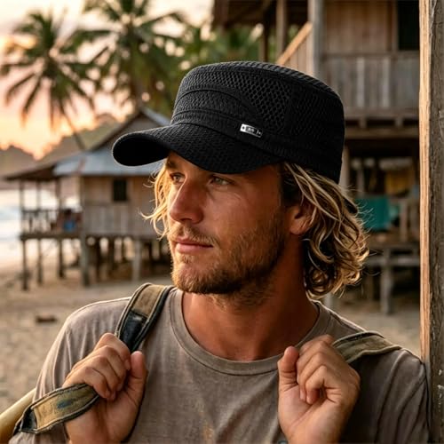 Mesh Flat Top Cadet Cap for Men Adjustable - color: Black