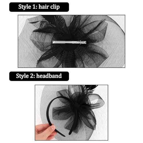 Womens Fascinators Mesh Hats Tea Party Hats for Women Feather Veil Headband - color: Black