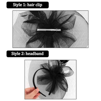 Womens Fascinators Mesh Hats Tea Party Hats for Women Feather Veil Headband - color: Black