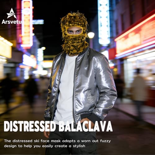 Distressed Ski Mask Balaclava, Yeat Shiesty Knitted Full-Face Mask - color: Camoyellow