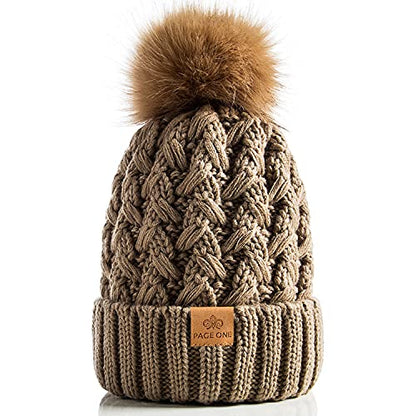 PAGE ONE Womens Winter Ribbed Beanie Crossed Cap Chunky Cable Knit Pompom Soft Warm Hat - color: Khaki