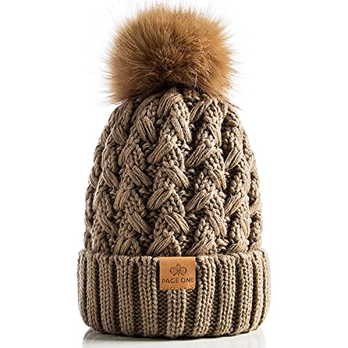 PAGE ONE Womens Winter Ribbed Beanie Crossed Cap Chunky Cable Knit Pompom Soft Warm Hat - color: Khaki