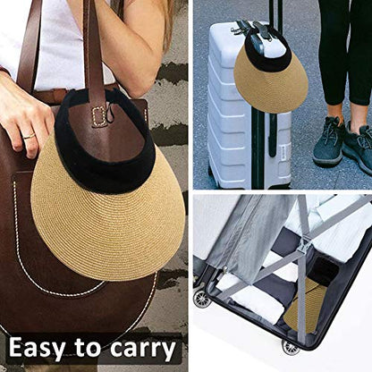 Women Straw Sun Visor Hat Wide Brim Summer UV Protection Beach Cap Foldable Packale Korean Style - color: Khaki