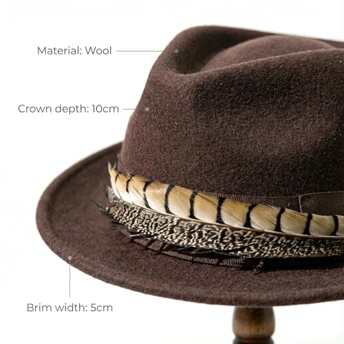 Home Prefer Men's Wool Felt Winter Hat Short Brim Fedora Hat with Feather - color: Coffee Ring Necked Feather