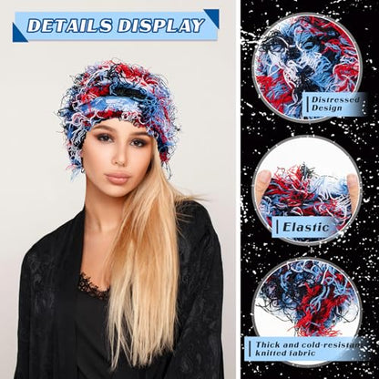 Chuarry Distressed Knitted Beanie Fuzzy Winter Hat - color: Assorted Blue White Red