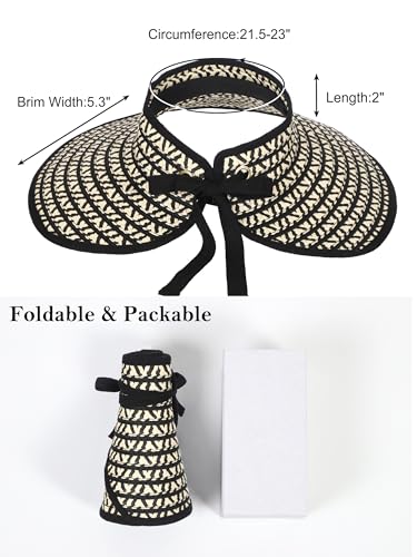 LA CARRIE Wide Brim UV Protection Sun Hats for Women with Leopard Trim Straw Roll Up Beach Visor Hat UPF 50+ - color: Black & Beige