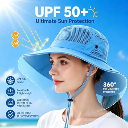 Sun Bucket Hat for Men Women Wide Brim UPF 50+ UV Protection Waterproof - color: Sky Blue