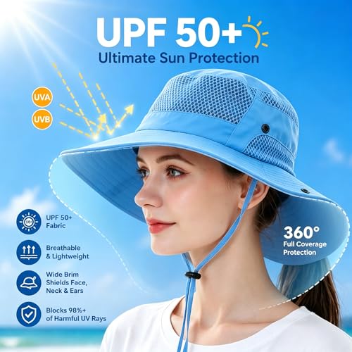 Sun Bucket Hat for Men Women Wide Brim UPF 50+ UV Protection Waterproof - color: Sky Blue