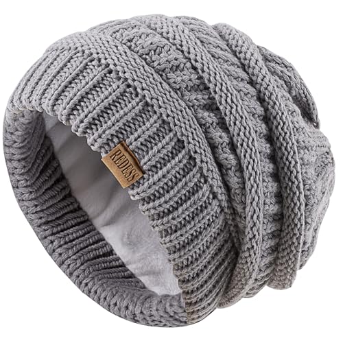 REDESS Slouchy Beanie Hat for Men and Women Winter Warm Knit Hat Chunky Soft Oversized Cable Cap - color: A2 Light Gray