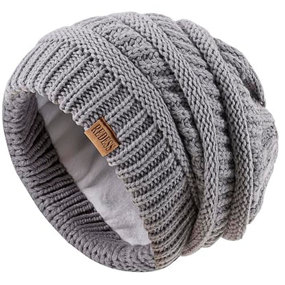 REDESS Slouchy Beanie Hat for Men and Women Winter Warm Knit Hat Chunky Soft Oversized Cable Cap - color: A2 Light Gray