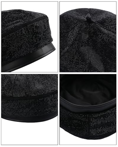 MINGSEECESS Women PU Leather French Black Beret Hat Causal Beanie Hat - color: Rhinestone-black