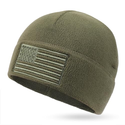 OUTDOOR SHAPING American Flag Fleece Beanie with Embroidered Patch Hat - color: Army Olive