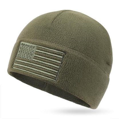 OUTDOOR SHAPING American Flag Fleece Beanie with Embroidered Patch Hat - color: Army Olive