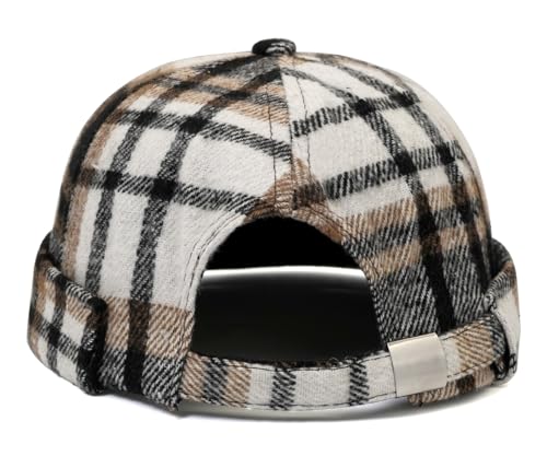 DIYDECAL Striped Plaid Brimless Worker Cap,Retro Skullcap Docker Hat for Men Womens - color: Coffee