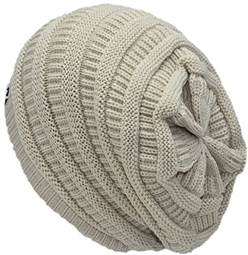 C.C Beanie Oversized Hat with Fuzzy Lining – Thick Knit Thermal Beanie for Cold Weather, Soft Warm Fleece Lined Cap - color: Beige