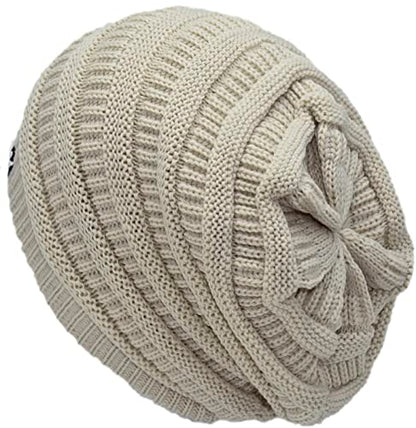 C.C Beanie Oversized Hat with Fuzzy Lining – Thick Knit Thermal Beanie for Cold Weather, Soft Warm Fleece Lined Cap - color: Beige
