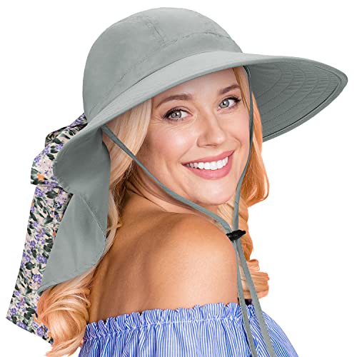 Tirrina Women's Sun Hat Wide Brim, UV Protection Sun Hats for Women - color: Grey W/ Floral Ribbon