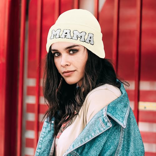 ZOORON Beanie for Men Women Warm Winter Hat Unisex Soft Knit Cuffed Beanie - color: White Mom