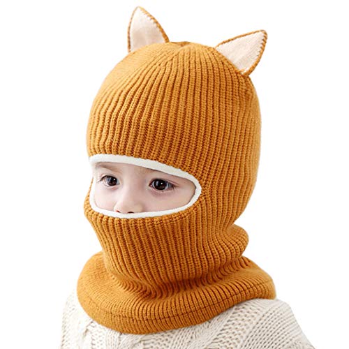 Toddler Winter Hat Baby Balaclava 2 in 1,Fleece Lined Knitted Beanie with Face Mask, Ear Flaps & Pom Pom for Boys Girls - color: Cat-yellow