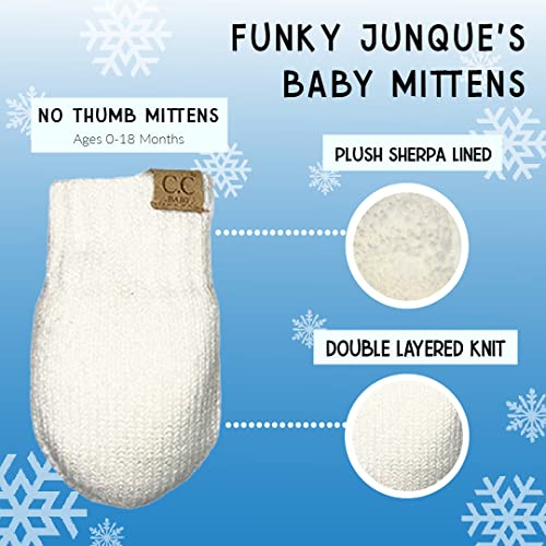 Funky Junque Baby Double Faux Fur Pom Pom Beanie & Mittens Set – Newborn Infant 0–9 Months Winter Hat with Soft Lined Mittens - color: Ivory (0-9 Months)