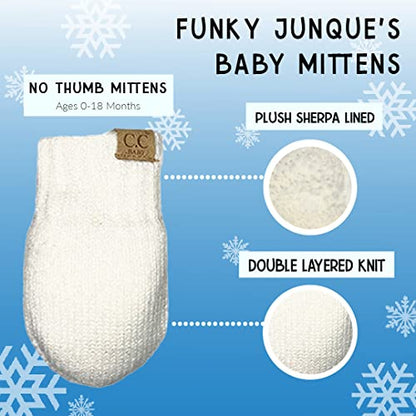 Funky Junque Baby Double Faux Fur Pom Pom Beanie & Mittens Set – Newborn Infant 0–9 Months Winter Hat with Soft Lined Mittens - color: Ivory (0-9 Months)