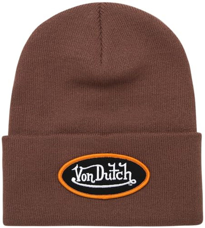 Von Dutch Unisex Cuffed Knit Skull Cap Beanie, Embroidered Logo - color: Sepia Stone