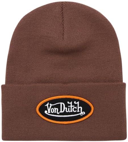 Von Dutch Unisex Cuffed Knit Skull Cap Beanie, Embroidered Logo - color: Sepia Stone