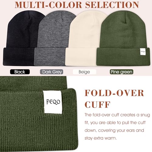 FEQO 4 Pack Satin Lined Winter Beanie Hats Soft Silk Lined Beanies - color: Black, Dark Grey, Pine Green, Beige