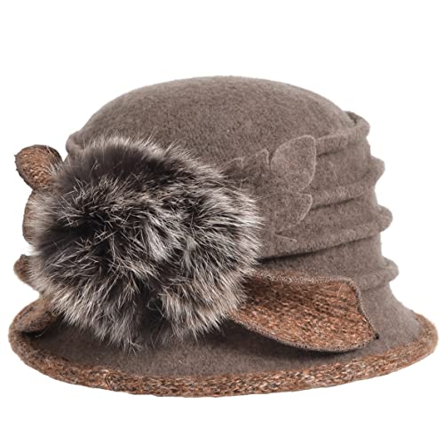 Women's Wool Dress Church Cloche Hat Bucket Winter Floral Hat - color: Brown