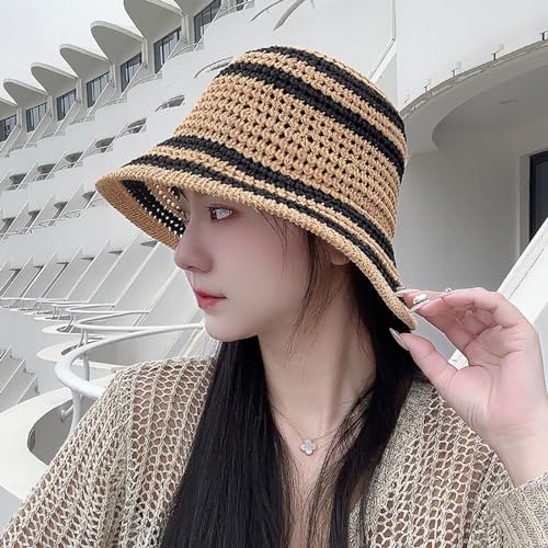 Gogobear Summer Straw Sun Hat for Women Outdoor Striped Beach Bucket Hat - color: Khaki